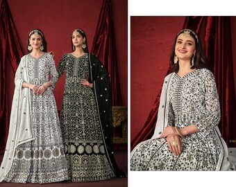Designer Heavy Faux Georgette  Partywear Gown,Black and White Embroidery Design Stunnign look Anarkali Dupatta Dress