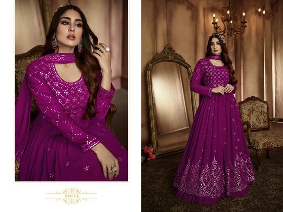 Party Wear Embroidered Work Purple Color Long Gown – Amrutamfab