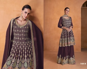 Chocolate Brown color Embroidered Georgette Palazzo Suit,Palazzo Suits for wedding reception party,Readymade palazzo Suits