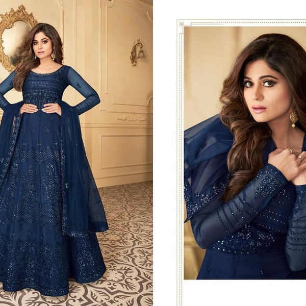 Stunning look Navy Blue Anarkali Gown Suits Pakistani Wedding Function Wear Embroidery Worked Anarkali Salwar With Dupatta Dress for Women