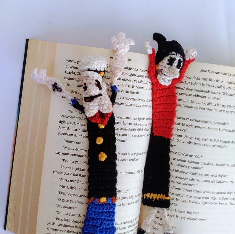 Crochet Popeye and Olive oyl Bookmark Knitted Amigurumi Popeye Best gift for book lovers