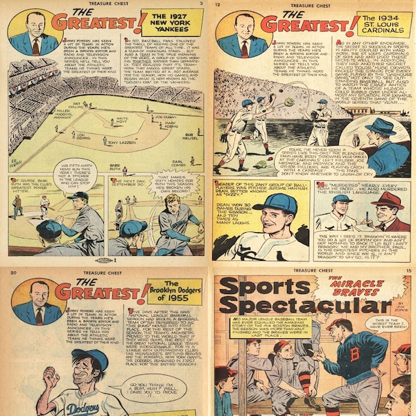 Baseball's Greatest Teams comic stories. Boston Braves, Yankees, Cardinals, Brooklyn Dodgers. Vintage Baseball comics. 4 comics, pdf files.
