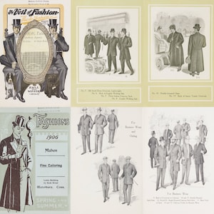 May include: A vintage advertisement for a men's clothing store called "Fashions" in Waterbury, Connecticut. The ad features a black and white illustration of a man in a top hat and suit, and the text "Fashions 1906 Mahon Fine Cailoring Lewis Building Bank Street Waterbury, Conn. Spring and Summer".