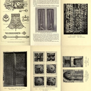 May include: A collection of black and white photographs showcasing various examples of ironwork from different periods. The images include close-ups of intricate door hinges, a decorative iron gate, and a detailed view of a door with nailheads.