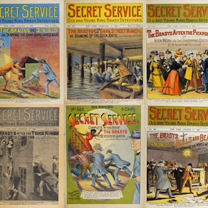 Könnte beinhalten: Sechs Vintage-Comic-Cover mit Illustrationen von Detektiven in Aktion. Die Cover sind alle vergilbt und haben einen abgenutzten Look. Die Titel der Comics sind "Secret Service" und "The Bradys".