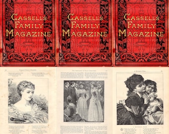 Könnte beinhalten: Ein Vintage-Magazincover mit dem Titel "Cassell's Family Magazine" in goldenen Lettern auf rotem Hintergrund. Das Cover zeigt einen dekorativen Rahmen mit floralen Motiven. Das Magazin enthält Illustrationen von Frauen und Kindern.