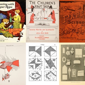 Pode incluir: Uma capa de livro vintage com ilustrações de crianças fazendo artesanato. O título é "The Children's Kraft Shop" e o livro é de Adelia Belle Beard. A capa é em tons de vermelho, amarelo e azul.