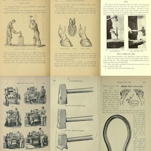 Op de afbeelding: Een vintage boekpagina met illustraties en tekst over smeden, inclusief een sectie over het maken van een ring, het nivelleren van paardenhoeven en het gebruik van een paardenhoeven-niveau.