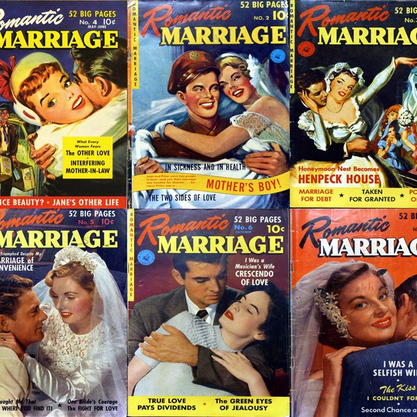 Romantic Marriage vintage graphic novels. Issues 1 to 6. 1950s romance, love, marriage, newlyweds, 6 Issues, PDF format.