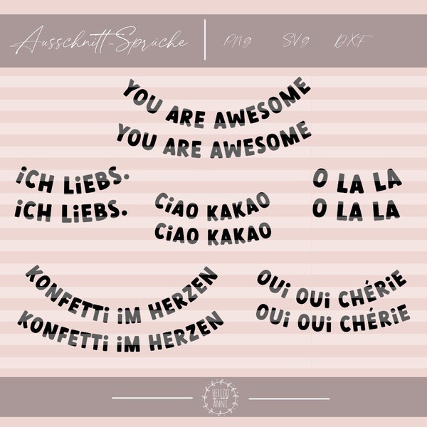 Plotter file cutout sayings SVG DXF PNG Oui Oui Cherie I love confetti in my heart Awesome ciao Cocoa children sewing plotting statement