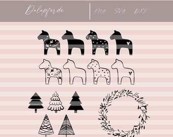 Plotter file Dala horses package bundle Dala horse Christmas tree Skandi wreath Christmas wreath Merry Christmas Advent Christmas gift tree