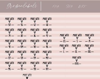May include: A chart with the text "Großenlabels" at the top. The chart is divided into three columns labeled "Png", "Svg", and "Dxf". The chart lists different sizes in centimeters, including 50, 56, 62, 68, 74, 80, 86, 92, 98, 104, 110, 116, 122, 128, 134, 140, 146, 152, 158, 164, and 170. The chart also lists different sizes in letters, including XS, S, M, L, XL, XXL, and XXXL.