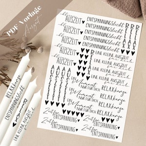 Puede incluir: Una hoja de papel blanco con texto negro y corazones. El texto incluye las palabras "Auszeit", "Entspannung", "Relax", "Moment" y "Zeit für Entspannung".