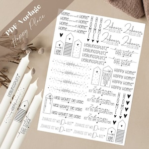 Könnte beinhalten: Schwarz-weiße druckbare Aufkleber mit verschiedenen Designs, darunter Hausformen, Herzen und Text. Der Text enthält Sätze wie "Home sweet Home", "Happy Home", "Zuhause ist wo Du bist" und "Lieblingsplatz".