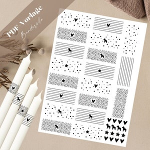 Puede incluir: Hoja imprimible de patrones en blanco y negro, incluyendo corazones, estrellas, caballos y rayas. La hoja está etiquetada como "PDF Vorlage Banderole".