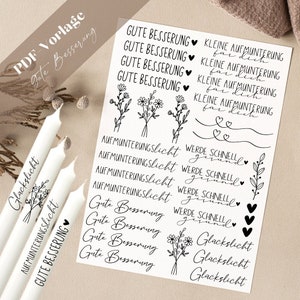 May include: A sheet of white paper with black ink printed on it. The paper has several different phrases printed on it, including "Gute Besserung", "Aufmuterungslicht", "Werde Schnell Gesund", and "Glackslicht".