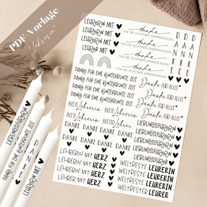 Leraar met een hart PDF-sjabloon kaars tattoo kaars stickers kaarsen afscheid school beste leraar 's werelds beste favoriete leraar bedankt kunterbunte