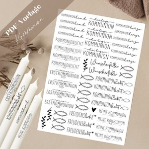 以下が含まれることがあります： 聖餐式に関連するさまざまなデザインとテキストが書かれた白黒のステッカーシート。テキストには、「聖餐式」、「聖餐式ライト」、「初聖餐式」、「Wunscherfuller」、「Freudenlicht」、「私の聖餐式」が含まれています。