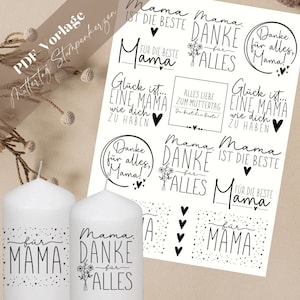 Könnte beinhalten: Ein bedruckbarer Bogen mit schwarzen und weißen Etiketten mit verschiedenen Muttertagsbotschaften. Die Etiketten zeigen Sätze wie "Mama Danke für alles" und "Glück ist eine Mama wie dich zu haben".