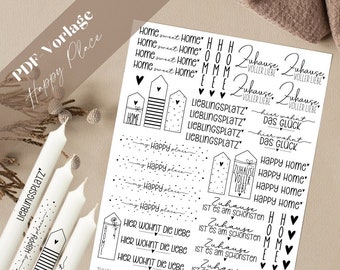 Op de afbeelding: Zwart-witte printbare stickers met verschillende ontwerpen, waaronder huisvormen, harten en tekst. De tekst bevat zinnen als "Home sweet Home", "Happy Home", "Zuhause ist wo Du bist" en "Lieblingsplatz".