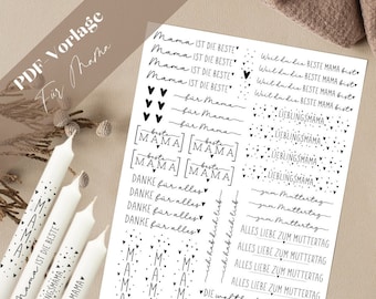 Día de la Madre Plantilla PDF vela tatuaje pegatina de vela diseño de velas mamá mejor mamá favorita gracias te amo todo lo mejor del mundo mejor mamá