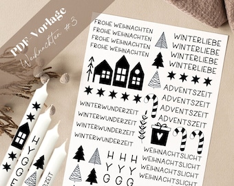Op de afbeelding: Zwart-witte printbare kerst stickers met verschillende ontwerpen, waaronder huizen, bomen, sterren, snoepstokken en tekst zoals "Winter Wonderland", "Winterliebe" en "Adventzeit".