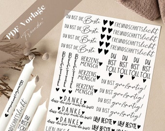 Modèle PDF "Petite amie" Tatouage de bougie Autocollant de bougie Bougies Design Amitié Bestie Vous êtes un grand cœur Personne Ami préféré Coeurs