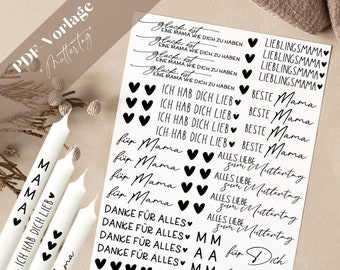May include: A sheet of white paper with black and white stickers featuring various phrases and hearts. The phrases include "Ich hab dich lieb", "Alles Liebe zum Muttertag", "Danke für alles", "Beste Mama", "Lieblingsmama", and "für dich".