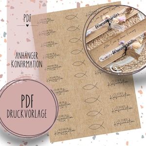 Peut inclure: Feuille PDF imprimable avec 10 étiquettes en papier brun représentant un symbole de poisson et le texte "Alles Liebe zur Konfirmation" (Meilleurs vœux pour votre confirmation) et 5 étiquettes en papier brun représentant un symbole de poisson et le texte "Zu deiner Konfirmation" (Pour votre confirmation).