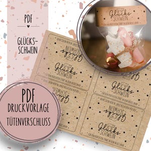 Druckvorlage Tütenverschluss "Glückschwein" Silvester in der Tüte PDF Vorlage zum Download und Ausdrucken Selbstausdrucken Geschenk Neujahr