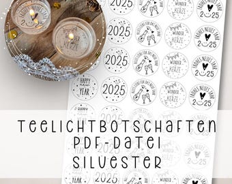 Tealight message New Year's Eve PDF template candle tattoo candle sticker candle design Happy New Year gift idea New Year's Eve party New Year's party