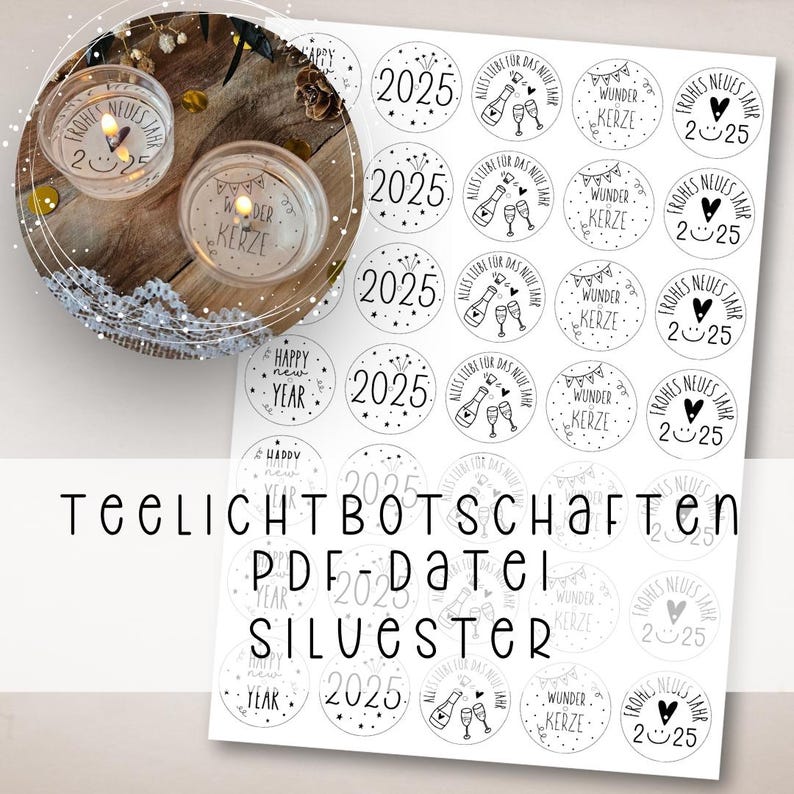 May include: A sheet of printable labels for tealight candles with a New Year's Eve theme. The labels feature various designs including the year 2025, a champagne bottle and glasses, and the text "Happy New Year".