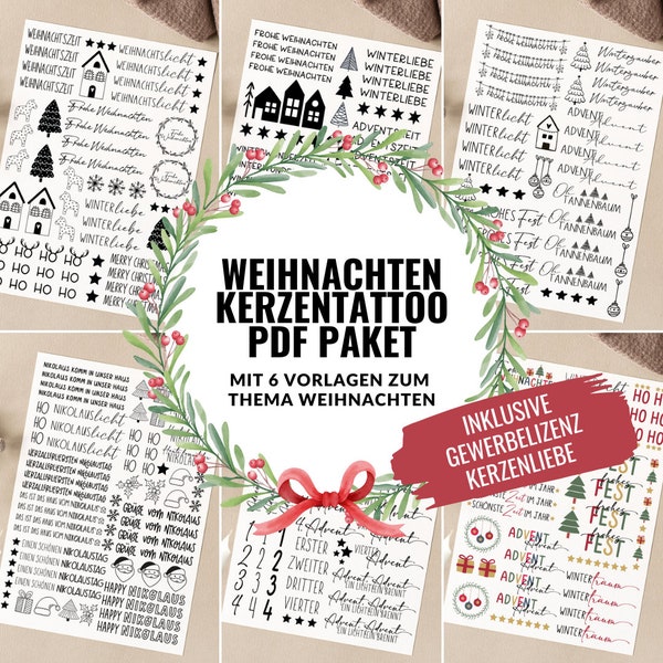 Weihnachten XXL PDF Kerzentattoo Paket inklusive Gewerbelizenz Bundle Kerzensticker Kerzen gestalten Advent Nikolaus Weihnachtszeit Ho Ho Ho