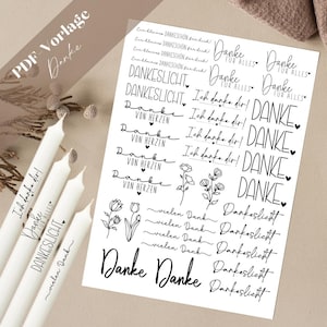 Peut inclure: Une feuille d'autocollants imprimables avec différentes expressions de remerciement en allemand. Les autocollants comprennent des phrases comme "Danke", "Danke von Herzen", "Dankeslicht" et "Ich danke dir !" La feuille comprend également de simples illustrations florales.