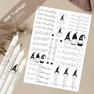 May include: A sheet of printable stickers featuring black and white illustrations of gnomes and the text "Du bist mir wichtig" (You are important to me) and "Wichtellicht" (Elf light).