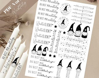 Pode incluir: Uma folha de adesivos imprimíveis com ilustrações em preto e branco de gnomos e o texto "Du bist mir wichtig" (Você é importante para mim) e "Wichtellicht" (Luz de duende).