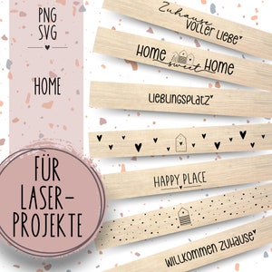 Puede incluir: Un conjunto de seis diseños de madera cortados con láser con varias frases sobre el hogar en texto negro. Las frases incluyen "Home Sweet Home", "Zuhause voller Liebe", "Lieblingsplatz", "Happy Place", "Willkommen Zuhause" y "Home".