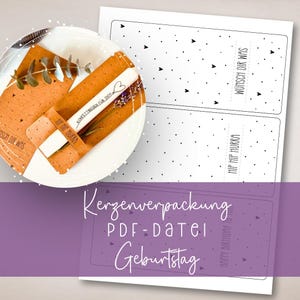 May include: A close-up of a gift packaging set with a candle and a sprig of lavender. The packaging is brown with the text "HIP HIP HURRA" and "WUNSCH DIR WAS". The text "KONFETTREGEN FUR DICH" is also visible. A sheet of paper with a dotted pattern and text is in the background.