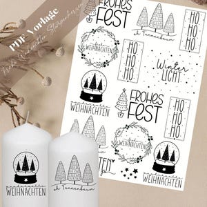 Puede incluir: Una hoja de pegatinas con temática navideña imprimible con ilustraciones de bolas de nieve, árboles de Navidad, coronas y el texto "Frohes Fest" y "Winter Licht".
