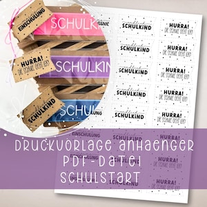 Peut inclure: Un ensemble d'étiquettes et d'étiquettes sur le thème de l'école. Les étiquettes sont marron avec du texte noir qui dit "Einschulung", "Schulkind" et "Hurra! Die Schule geht los!". Les étiquettes sont blanches avec du texte noir qui dit "endlich Schulkind" et "Hurra! Die Schule geht los!".