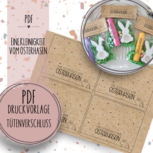Könnte beinhalten: Druckbare PDF-Vorlage für Ostergeschenktüten. Die Vorlage hat einen braunen Hintergrund mit weißen Punkten und den Text "Eine Kleinigkeit vom Osterhasen" (Eine Kleinigkeit vom Osterhasen) und eine kleine Hasenillustration.