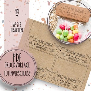 Printsjabloon tassluiting "Let it rip" Oudejaarsavond in de tas PDF-sjabloon om te downloaden en af te drukken als zelfprintcadeau