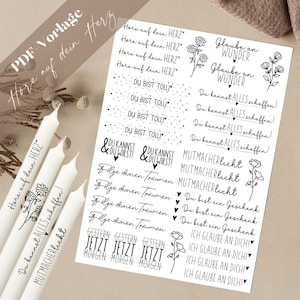 Könnte beinhalten: Ein Blatt mit druckbaren Aufklebern mit motivierenden und inspirierenden Sprüchen in schwarzer Schrift auf weißem Hintergrund. Die Sprüche beinhalten "Hore auf dein Herz", "Du bist tolli", "Du kannst alles schaffen", "Mutmacherlicht", "Folge deinen Träumen", "Gestern, Heute, Morgen", "Ich glaube an dich" und "Glaube an Wunder".