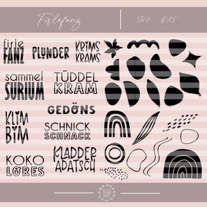 Puede incluir: Ilustraciones en blanco y negro de formas abstractas, arcoíris y texto en alemán. El texto incluye las palabras "Firlefang", "Krim Kram", "Tüddel Kram", "Gedöns", "Schnick Schnack", "Kladder Adatsch", "Koko Lores", "Sammel Surium", "Klim Bim" y "Firle Fanz Plunder".