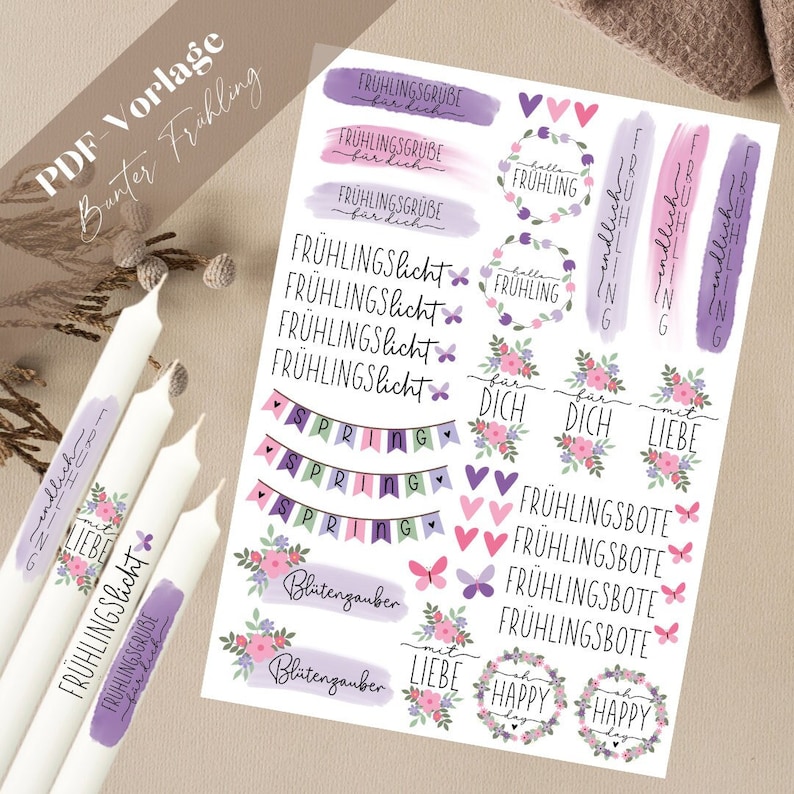 Colorful spring PDF candle tattoo template candle sticker candles spring magic flower magic spring light flowers for you herald of spring image 1