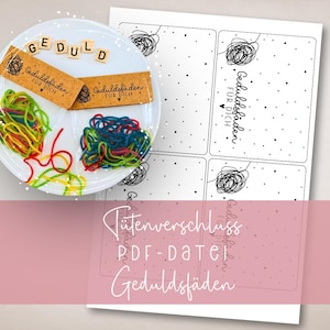 Può includere: Un piatto bianco con tre sezioni contiene elastici colorati e due piccoli pacchetti marroni con l'etichetta "Geduldsfäden FÜR DICH". Lettere di legno compongono la parola "GEDULD". È presente anche un foglio di carta con disegni in bianco e nero e testo.