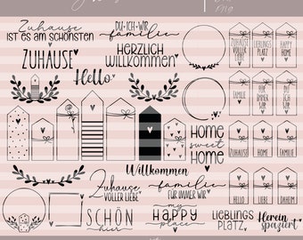 May include: Black and white printable digital clipart set with the word "Zuhause" (German for "home") and various home-themed phrases and illustrations. The set includes a wreath, hearts, and tags.