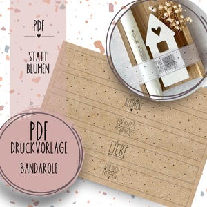Banderole em vez de flores Modelo de arquivo PDF artesanal para download e impressão, autoimpressão, pequenas lembranças de corações com amor