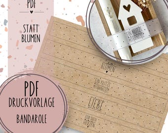 Banderole instead of flowers PDF craft file template for downloading and printing Self-printing Small gift from the heart with love