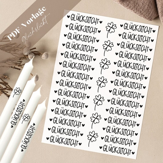 Glückslicht PDF Vorlage Kerzentattoo Kerzensticker Kerzen Gestalten Kleeblatt Viel Glück schaffst das das Geschenkidee Abschluss Prüfung